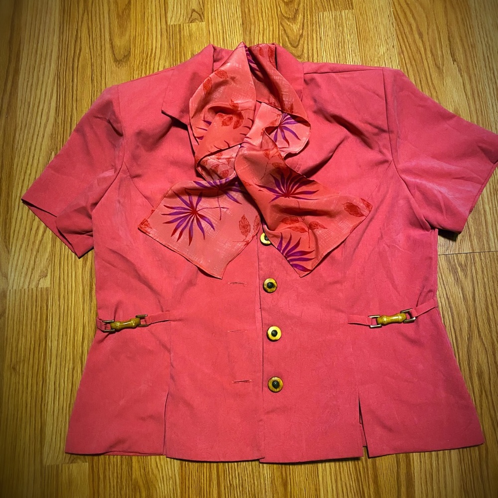 Sag Harbor Salmon Pink Dress Jacket or Blouse with Built in Scarf Size 14